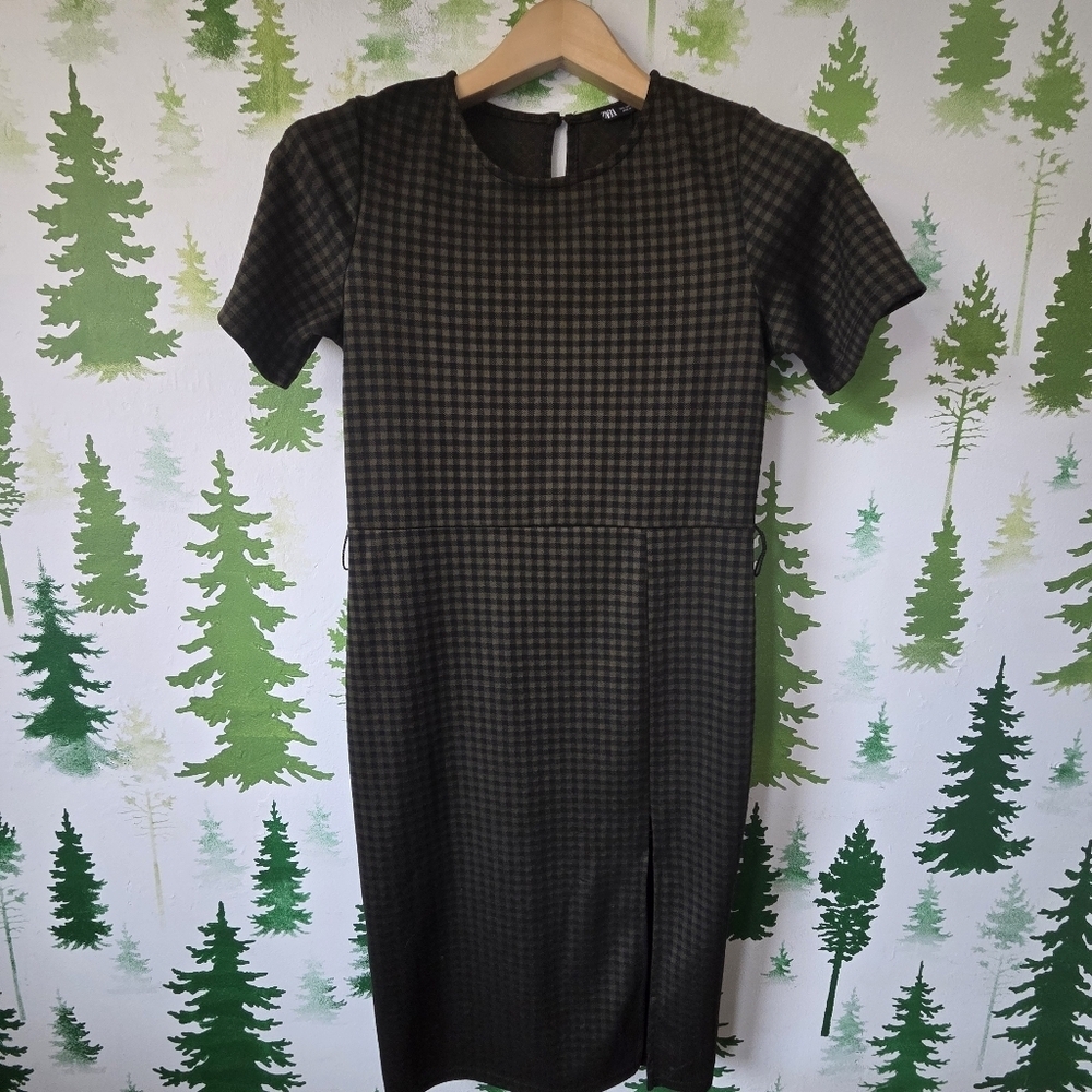 Zara Black and Brown Checkered Midi Dress